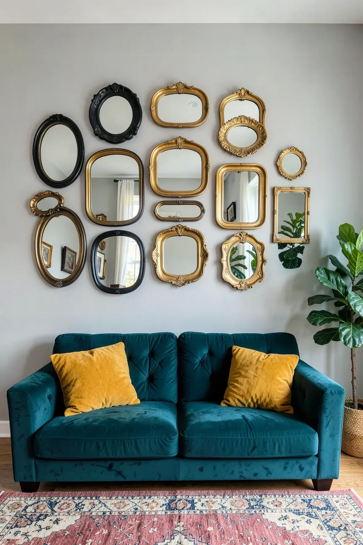 A cluster of gold and black vintage mirrors hanging above a teal velvet sofa in a living room.