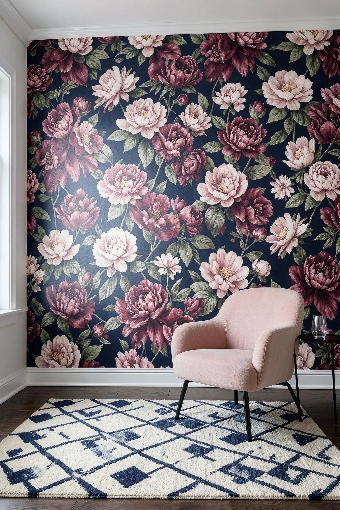 A room with bold navy floral wallpaper paired with a geometric navy and cream rug and a pink chair.