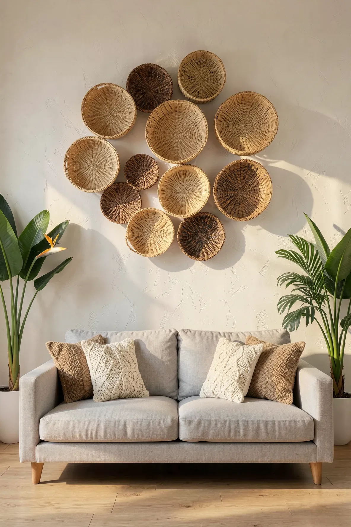 A collection of woven bamboo baskets in different sizes arranged as art on a wall above a gray sofa.