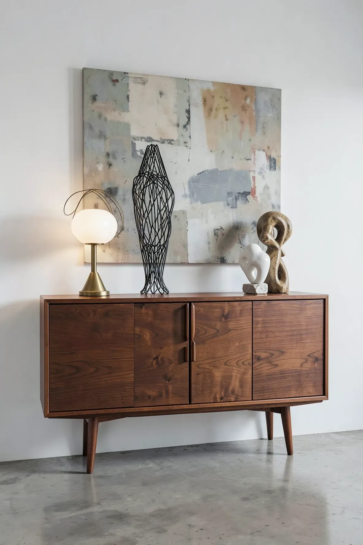 A walnut mid-century sideboard topped with abstract wire and ceramic sculptures in a modern room.
