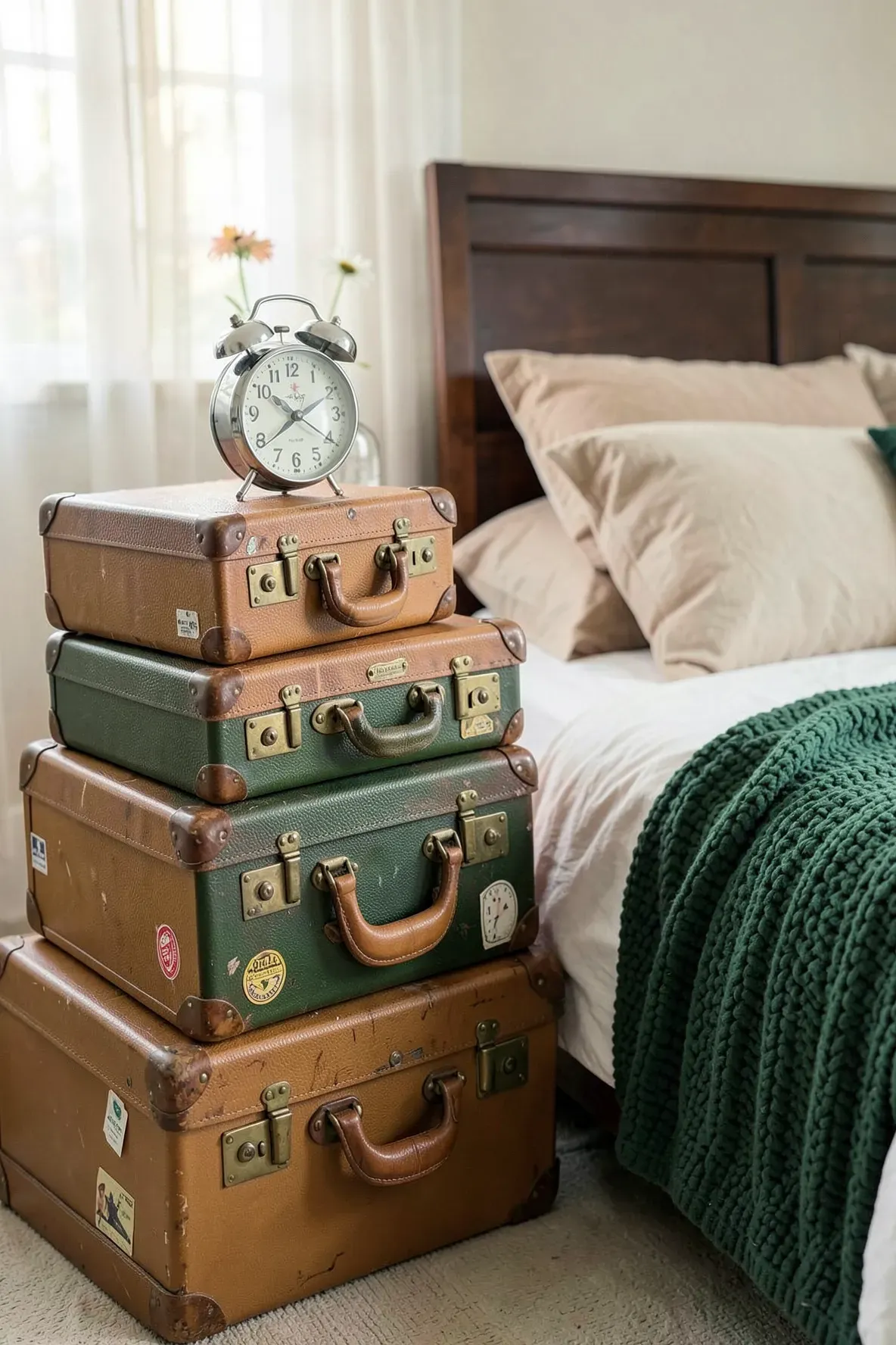 A stack of three vintage suitcases in mustard, green, and tan used as a nightstand next to a bed.