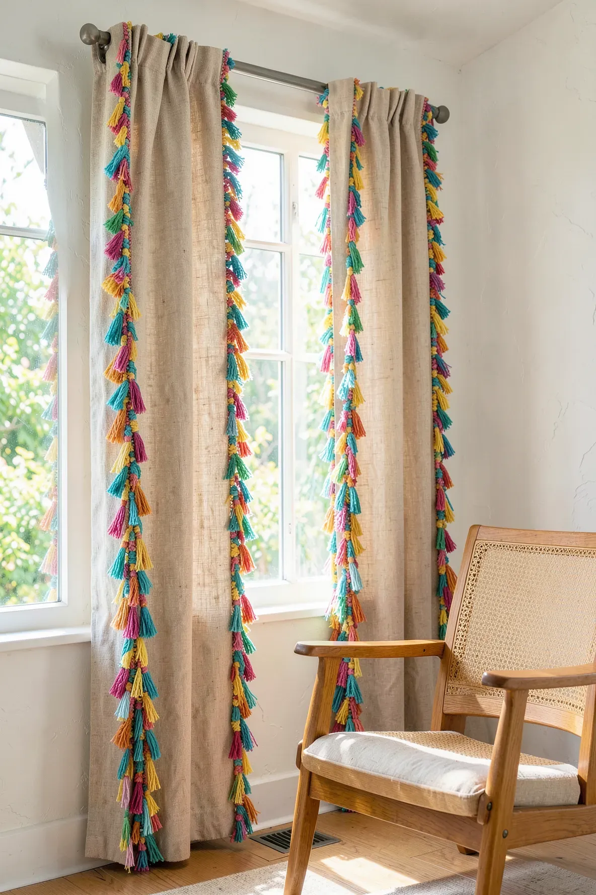 Natural linen curtains decorated with colorful bohemian tassels and fringe in a sunlit room.