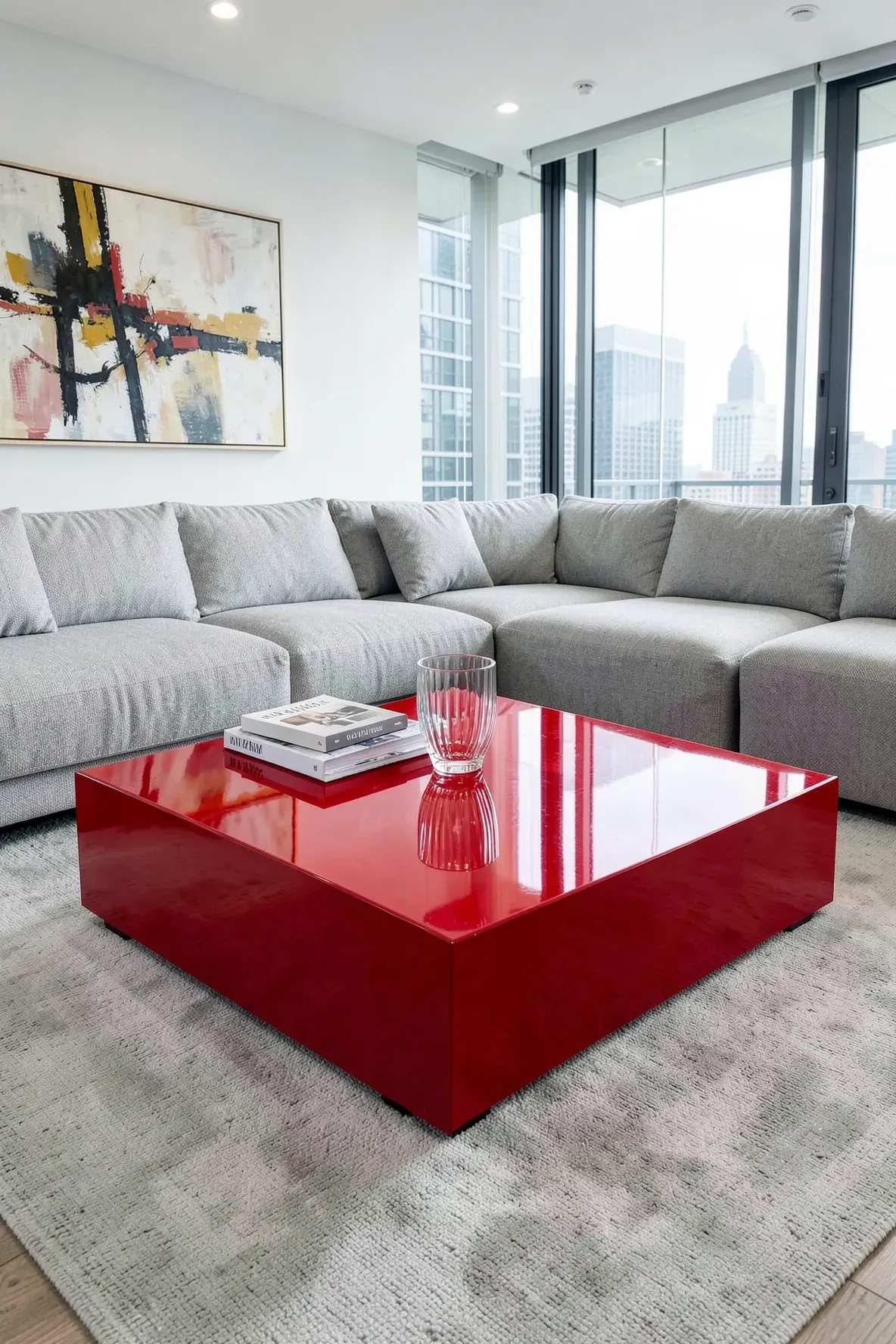 A bright red high-gloss lacquered coffee table serving as a bold centerpiece in a modern living room.