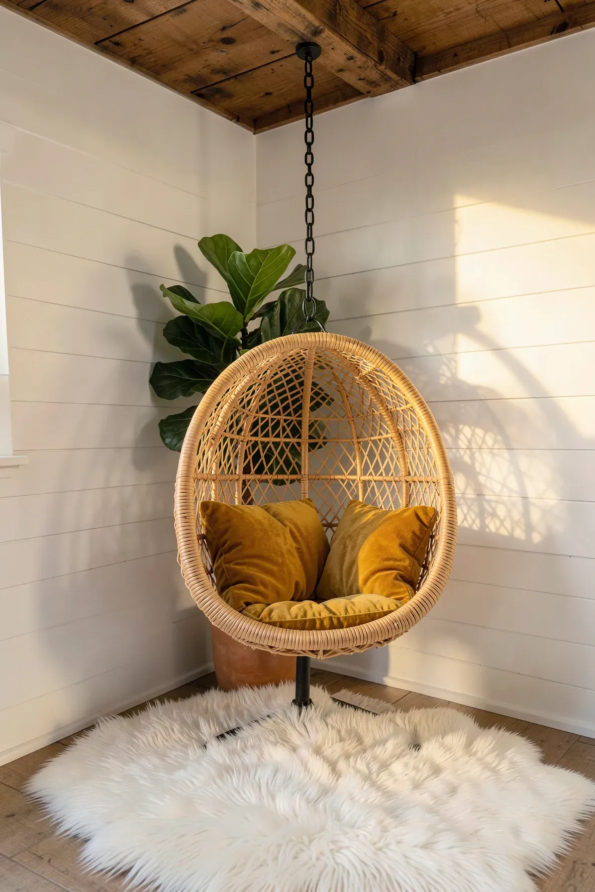A natural rattan hanging swing chair with a faux fur rug in a cozy, sunlit room corner.