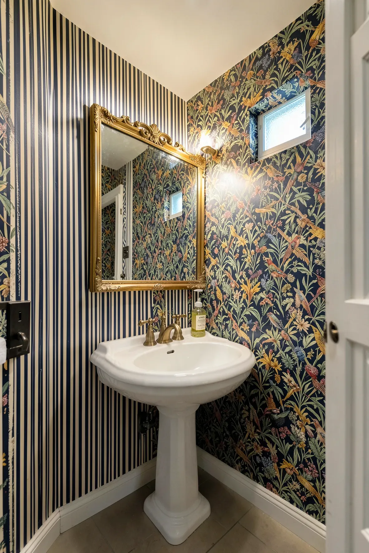 A small bathroom featuring bold striped and botanical wallpaper patterns with a vintage sink.