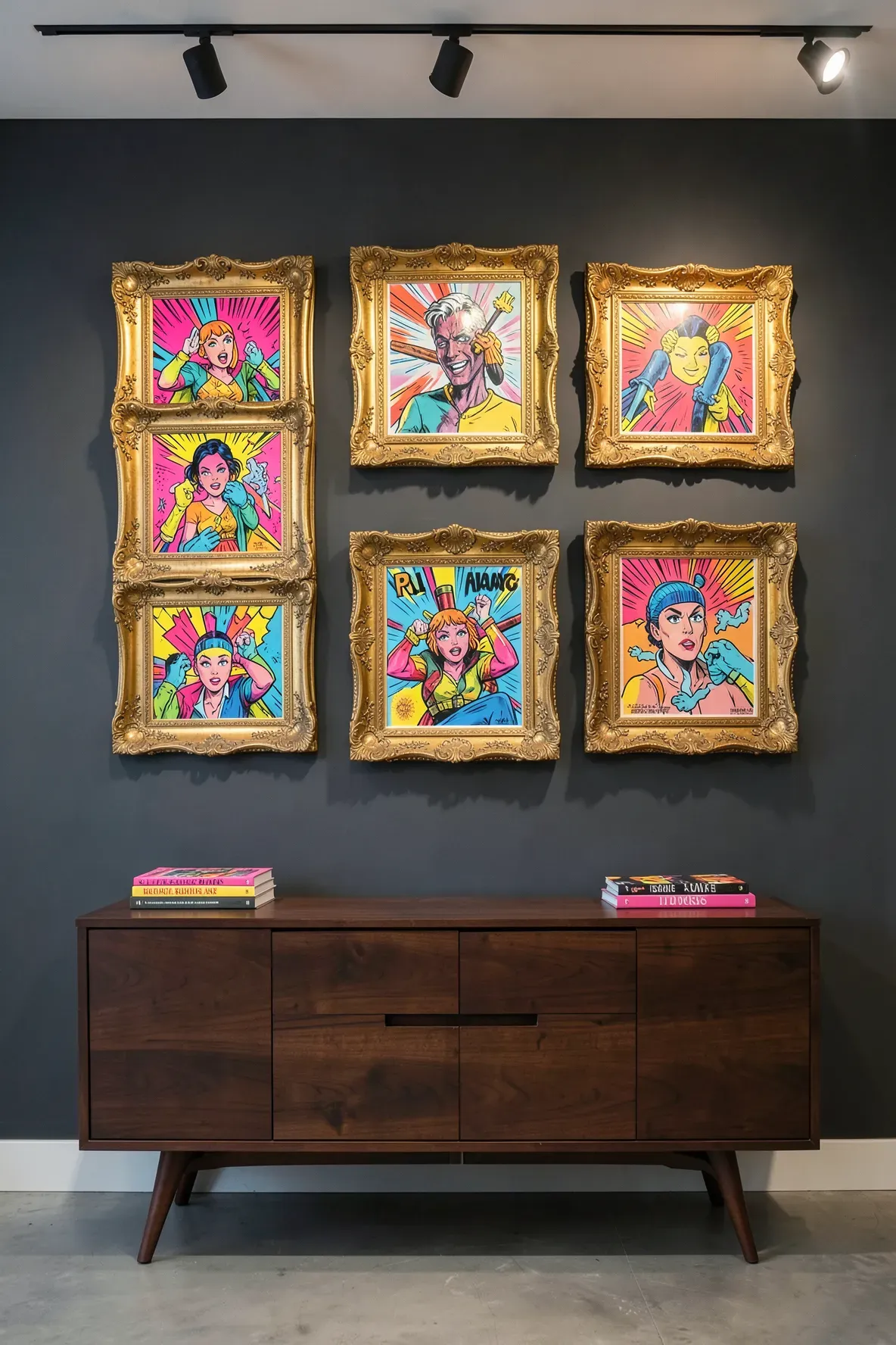 Ornate antique gold frames containing bright, modern pop art prints on a dark grey wall.