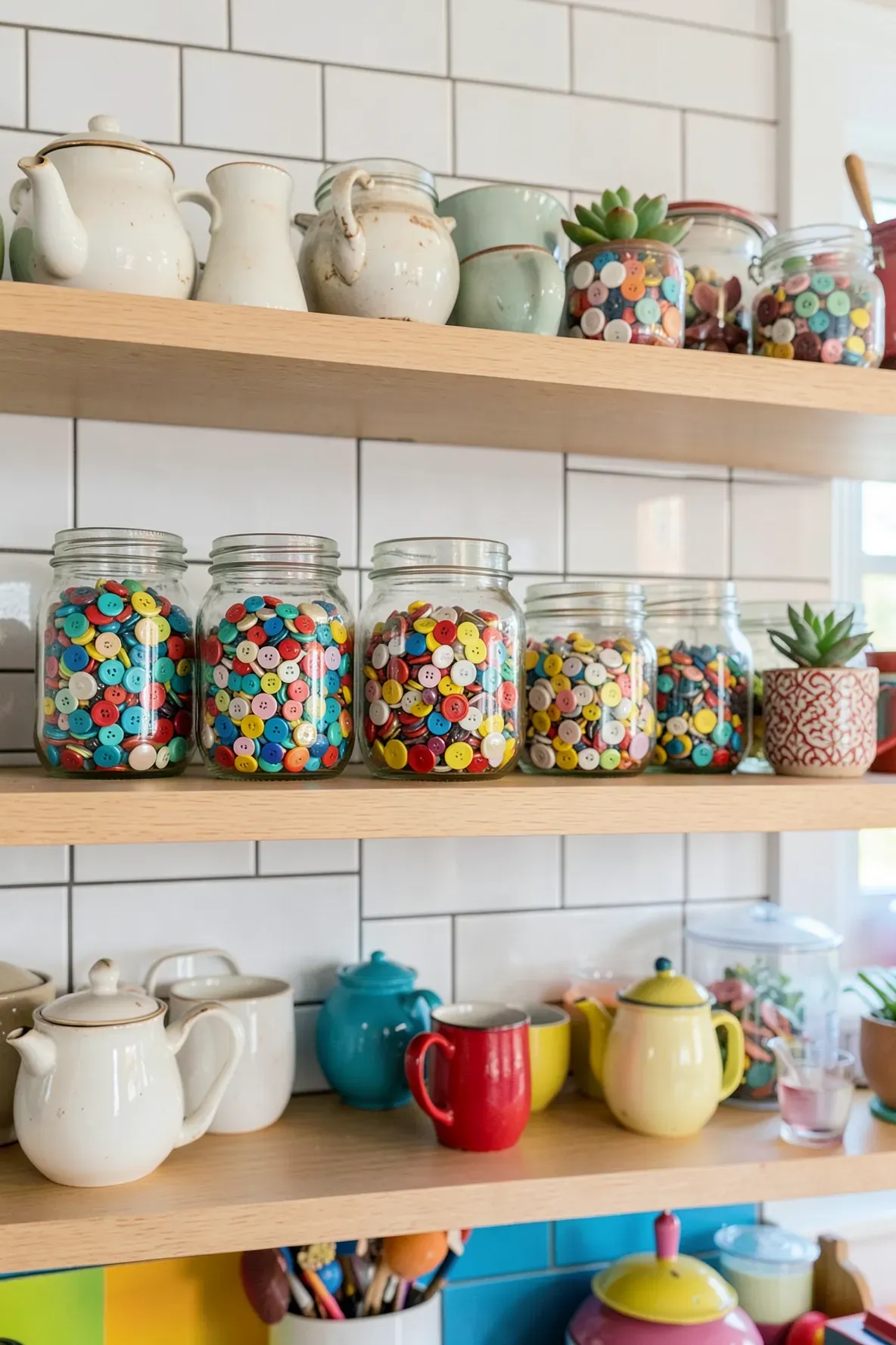 Colorful vintage buttons in glass jars displayed on open wooden shelves in a bright kitchen.