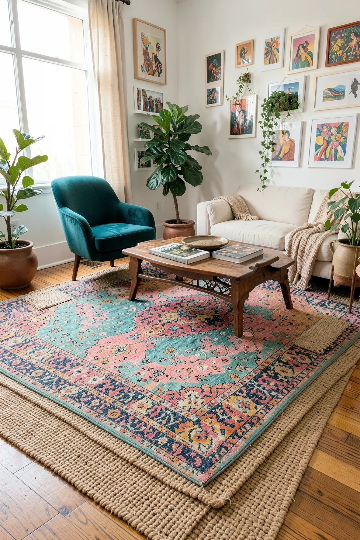 A colorful Persian rug layered over a large tan jute rug in a bright, funky living room.