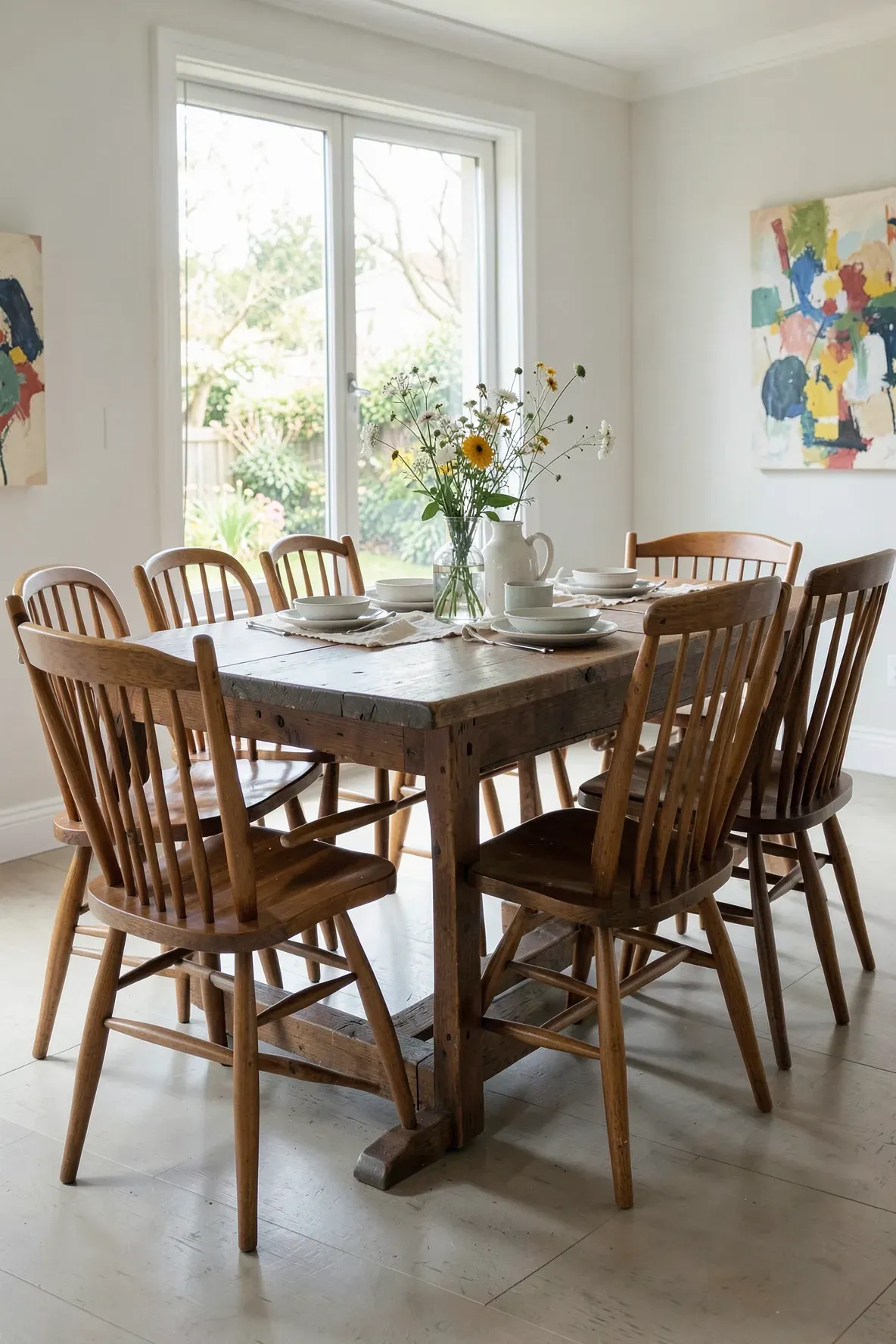 A variety of different vintage wooden dining chairs around a rustic table in a bright room.