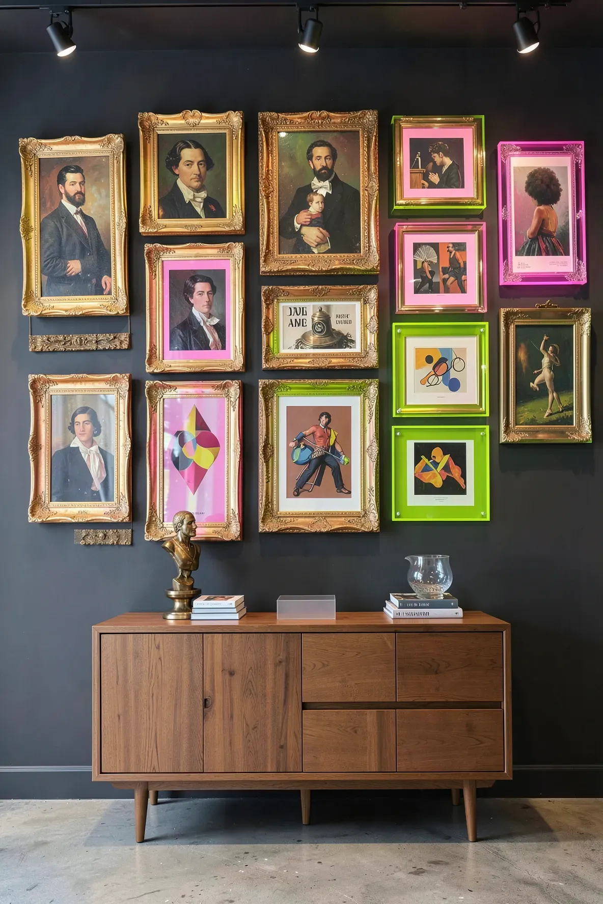A dark wall covered in a mix of ornate gold frames and bright neon acrylic frames with art.