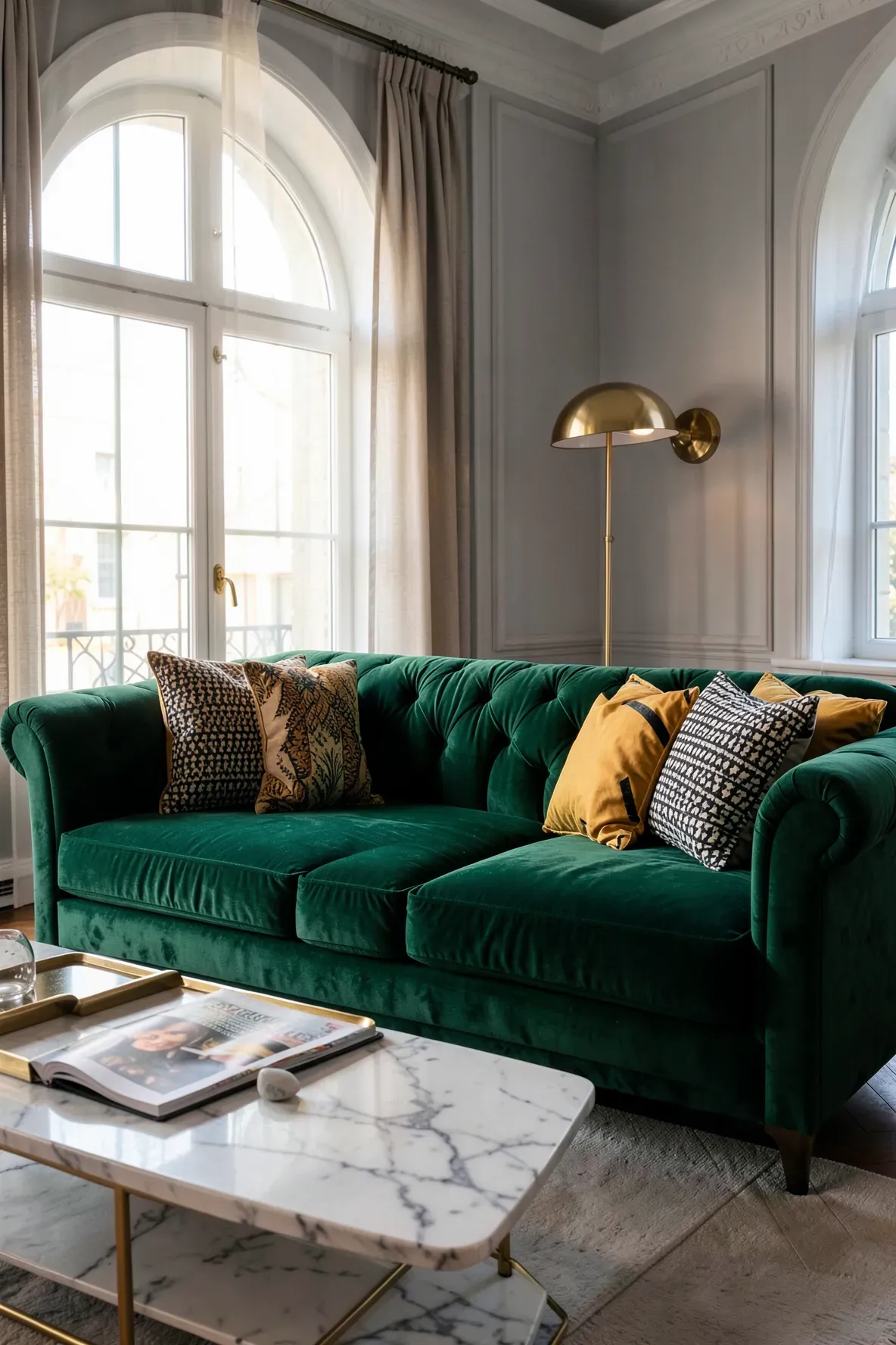 A plush emerald green velvet sofa serves as the focal point in a bright, stylish living room.