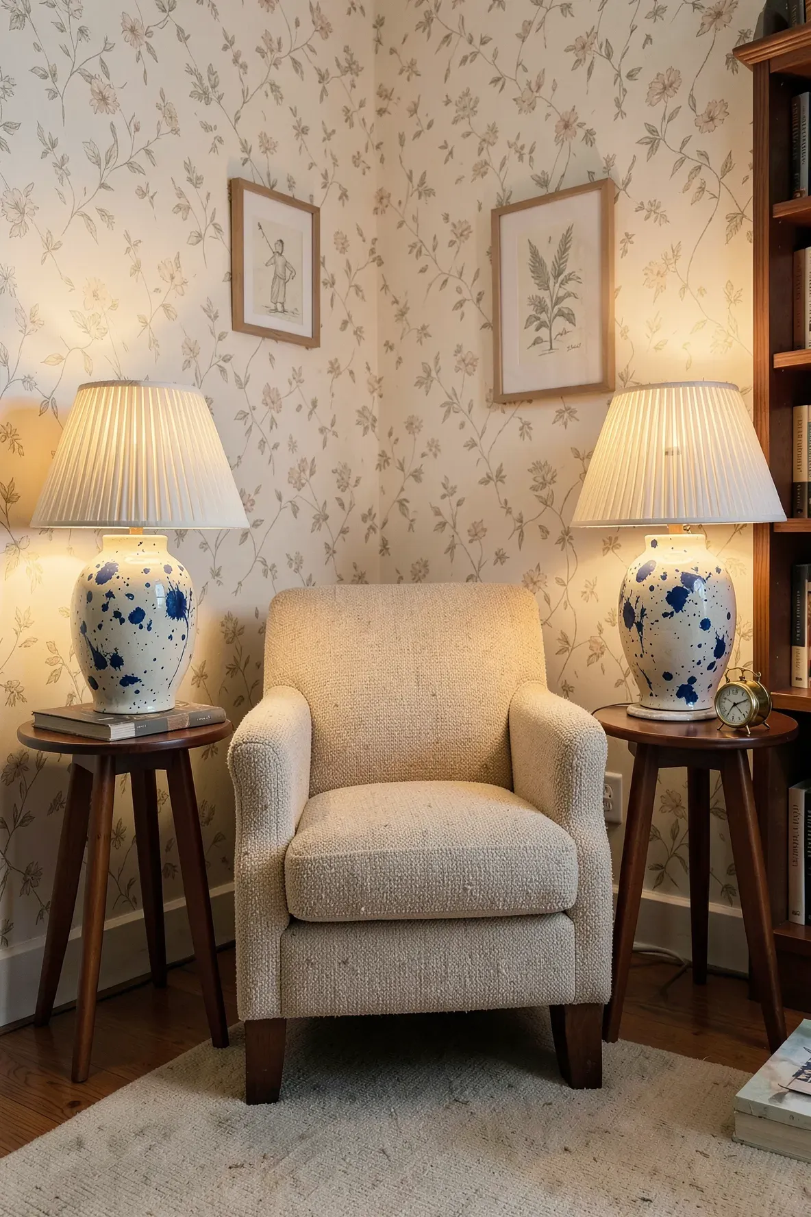 Two unique hand-painted ceramic lamps with pleated shades on side tables in a cozy room.