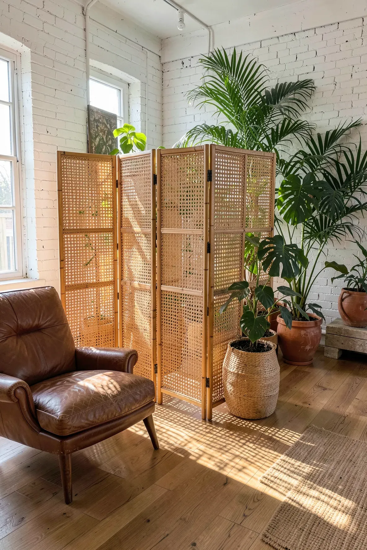 A woven bamboo room divider casting patterned shadows on the floor of a sunlit room.