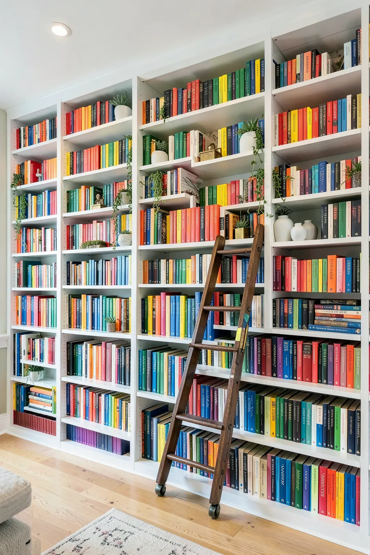 A large floor-to-ceiling bookshelf with books arranged in a beautiful rainbow color gradient.