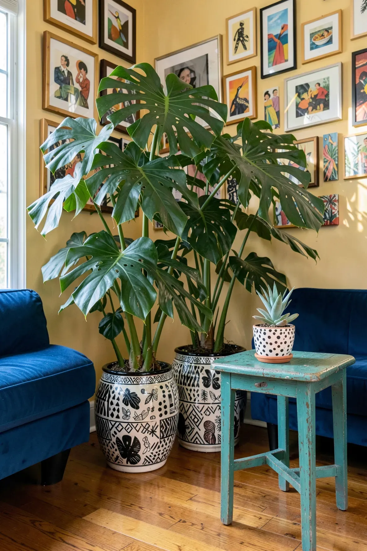 Large tropical plants in bold geometric pots in a colorful, eclectic living room.
