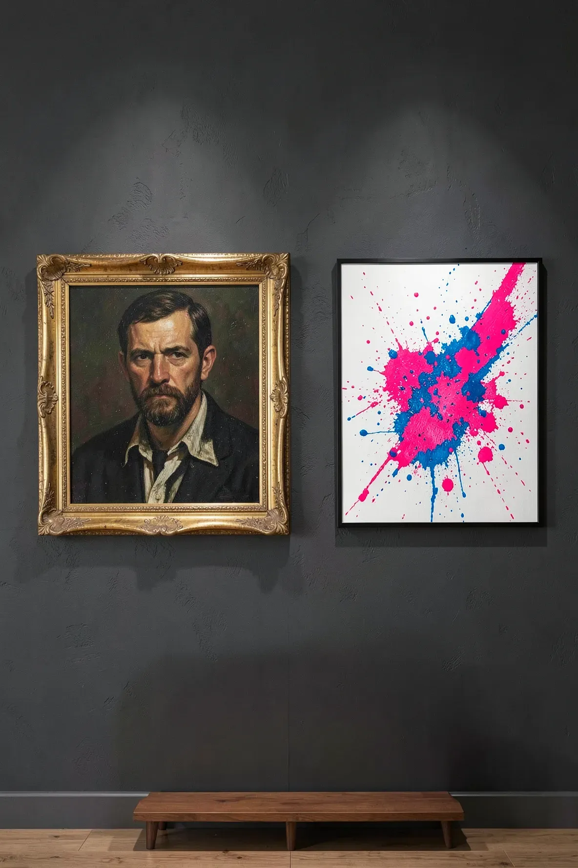 A vintage oil portrait in a gold frame next to a bright modern abstract painting.