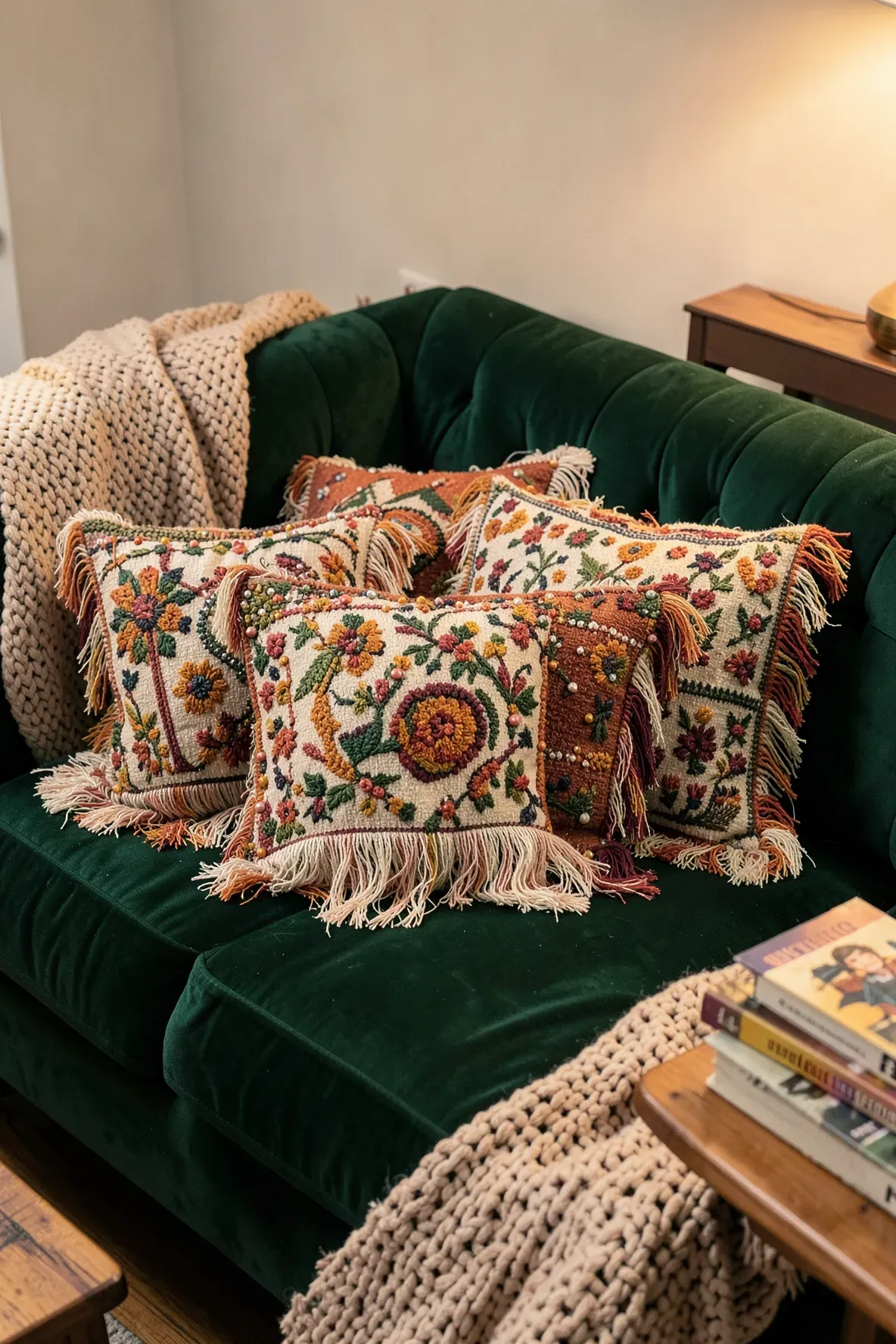 A collection of colorful embroidered and fringed pillows on a green velvet sofa.