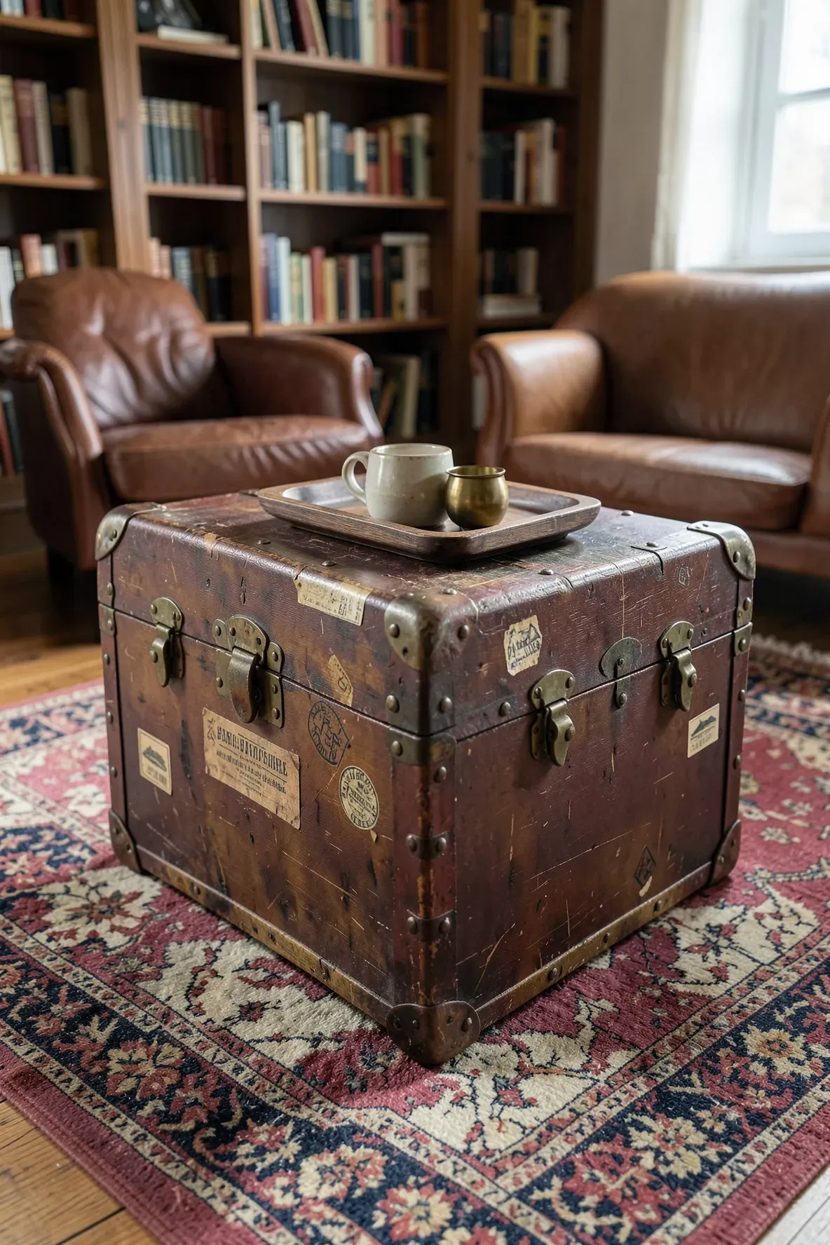 A vintage wooden steamer trunk used as a coffee table on a Persian rug.