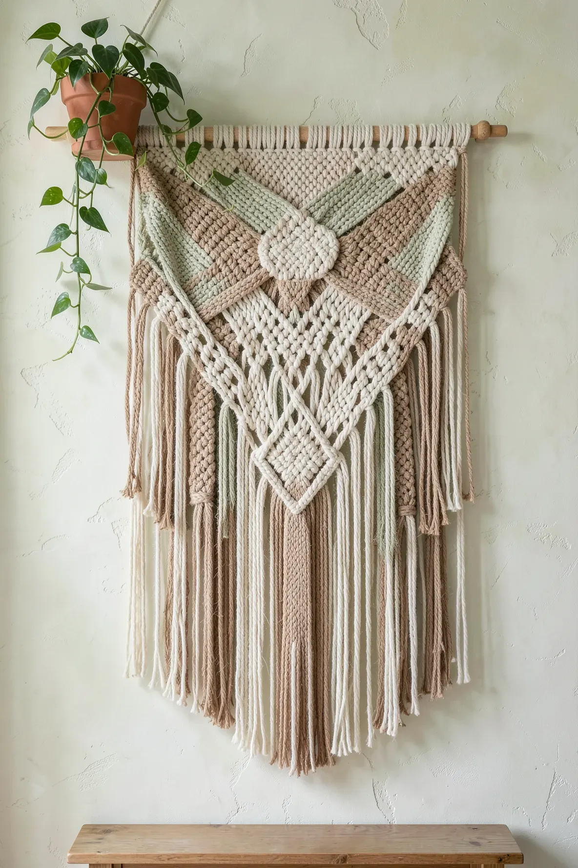 A large, textured woven wall hanging made of cream wool and jute on a neutral wall.