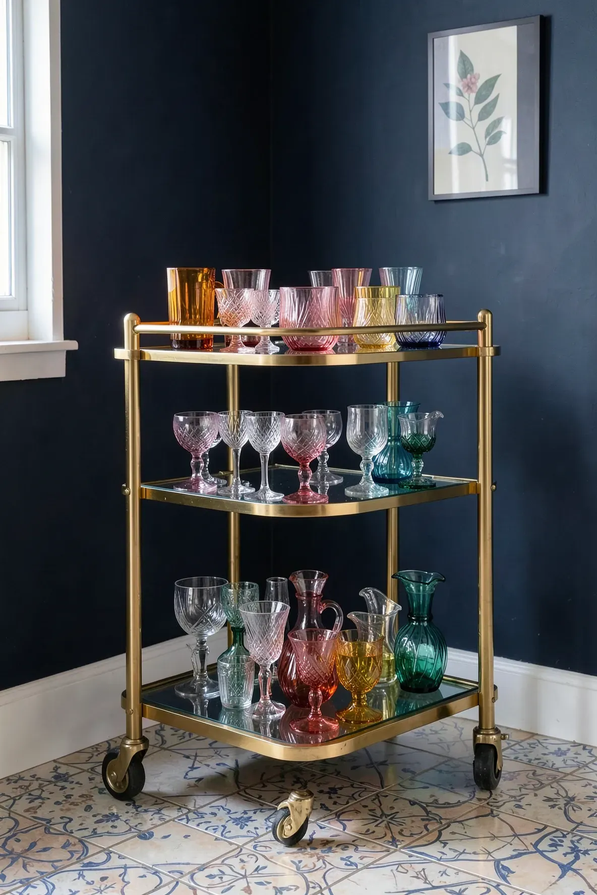 A gold brass bar cart filled with colorful mismatched vintage wine glasses and tumblers.