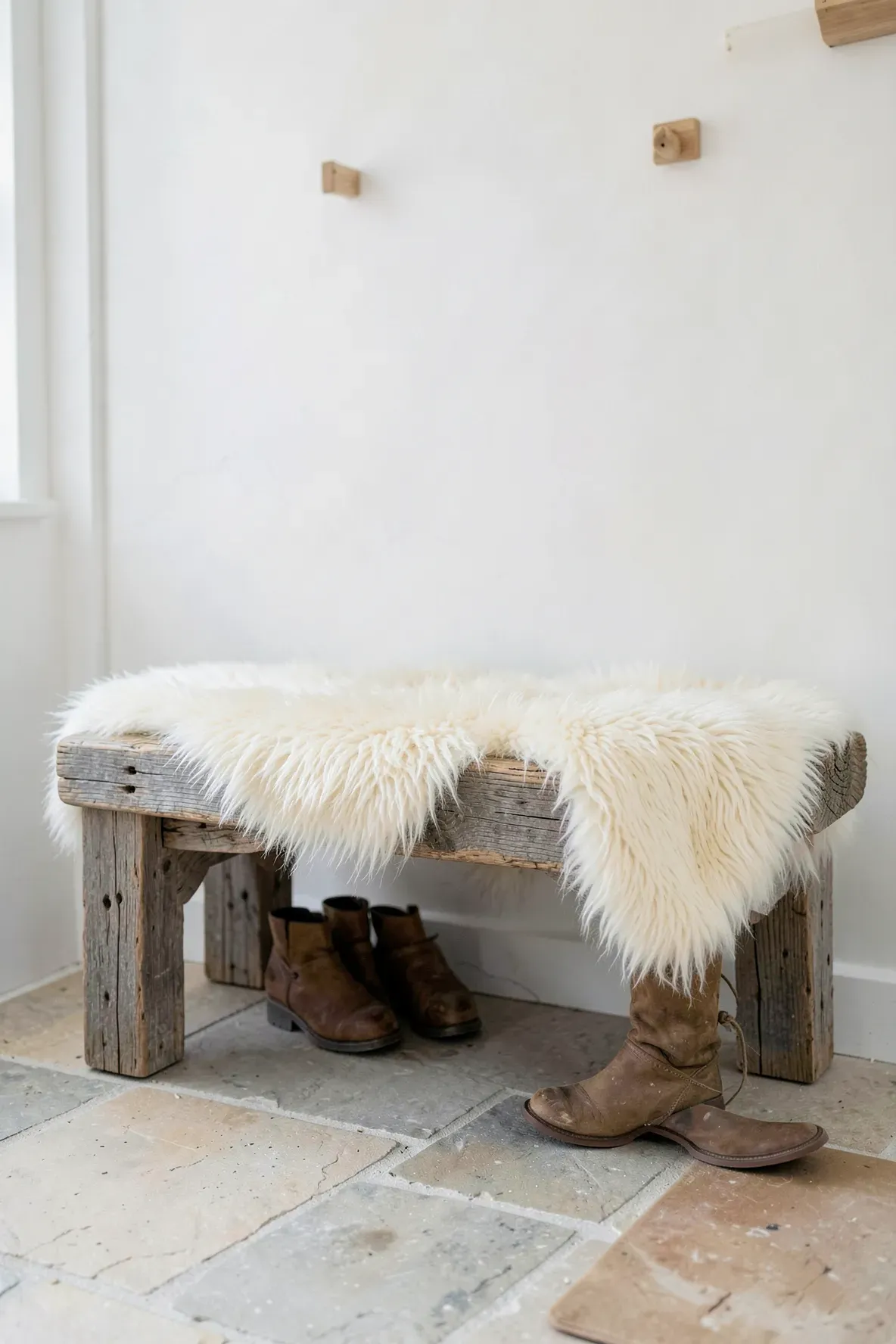 A rustic wooden bench with a fluffy white sheepskin throw in a bright entryway.