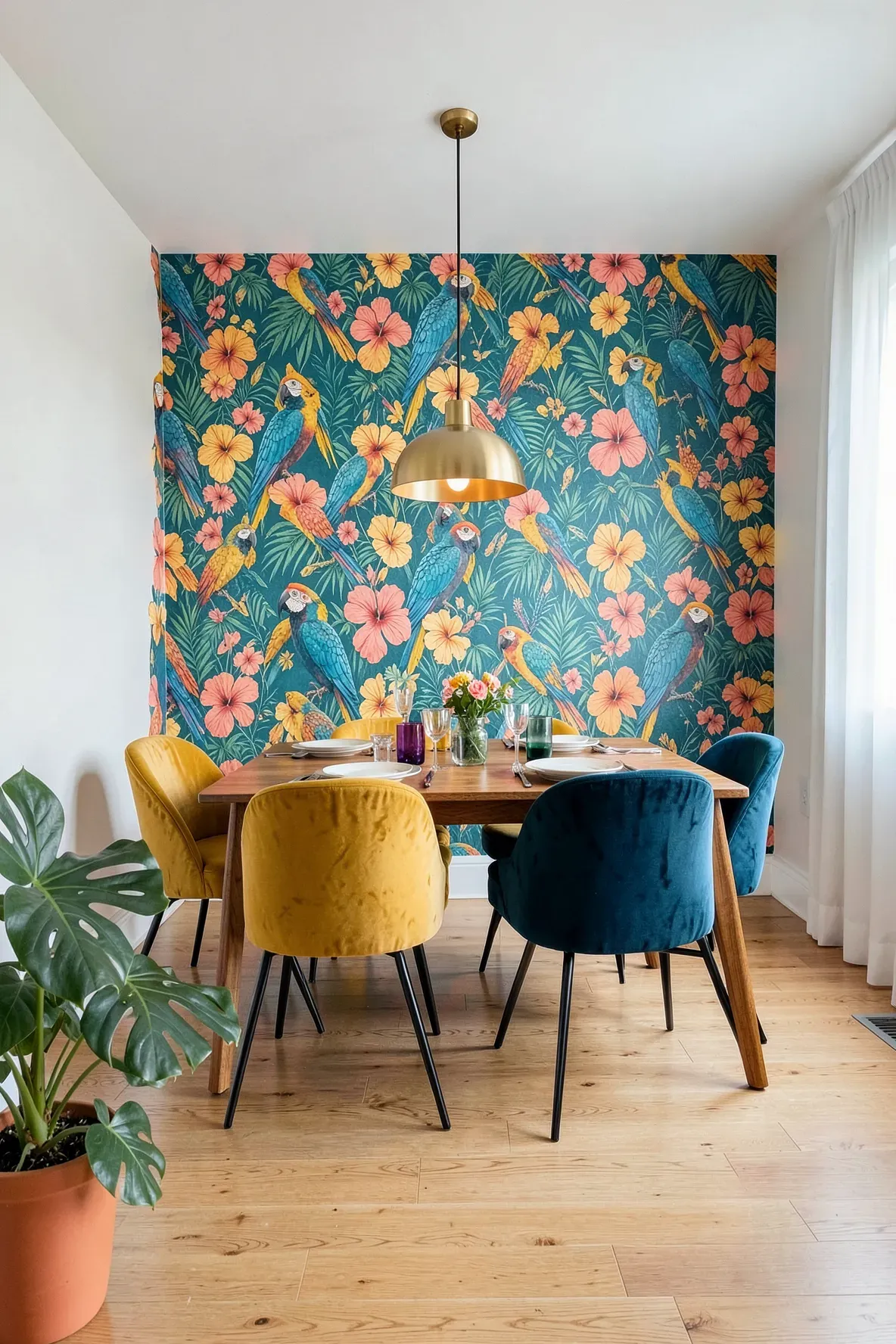 A funky dining room with a bold tropical bird wallpaper feature wall and velvet chairs.
