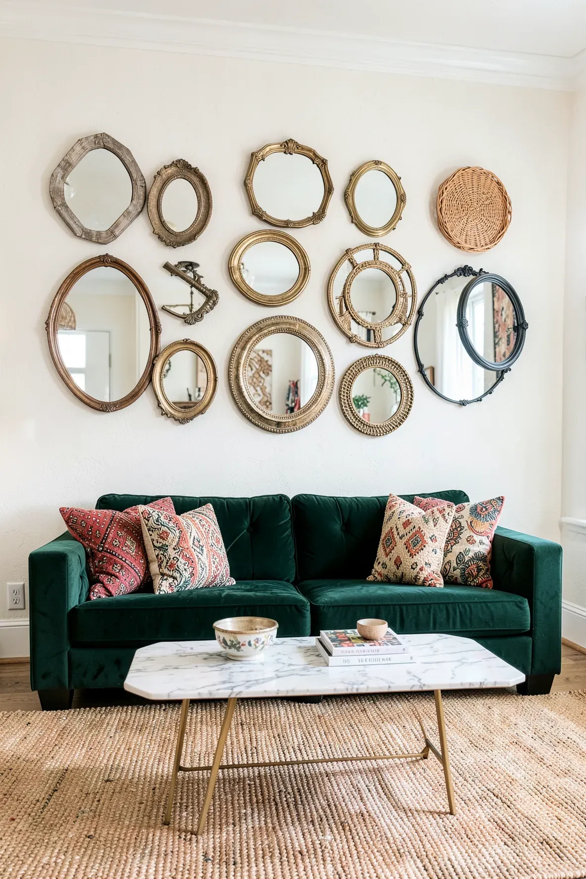 A collection of various shaped and framed mirrors arranged on a living room wall.