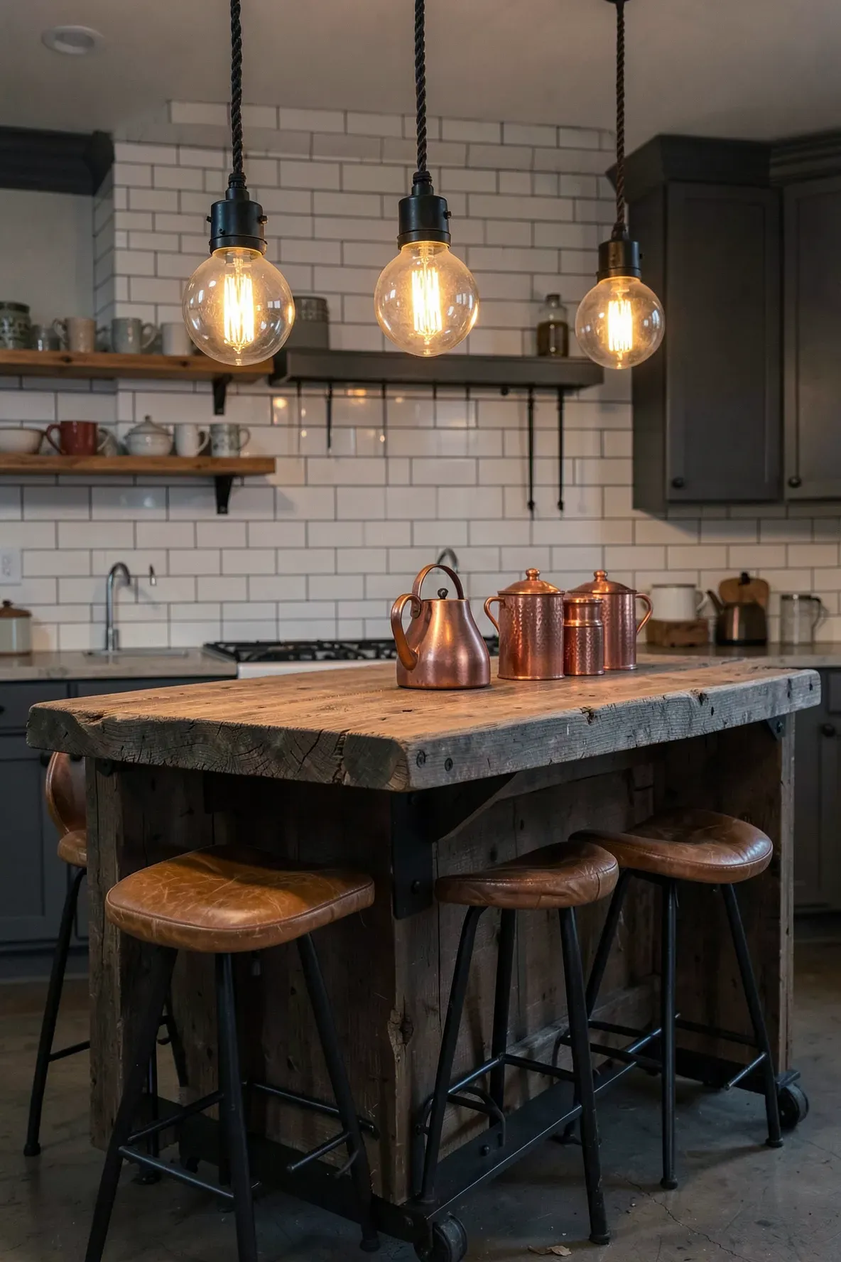 Industrial black metal pendant lights with glowing Edison bulbs over a wooden kitchen island.