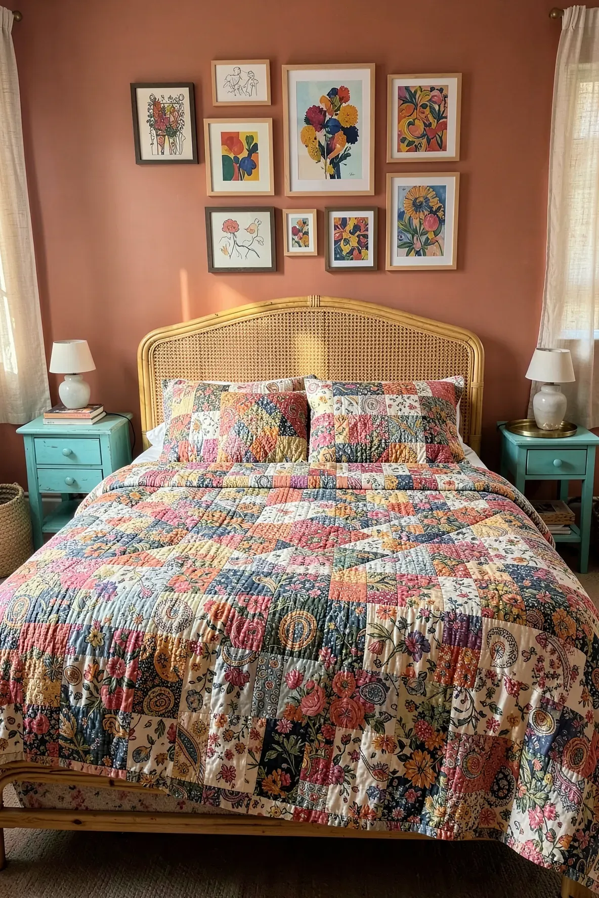 A cozy bedroom with a colorful patchwork quilt on a rattan bed and a gallery wall.