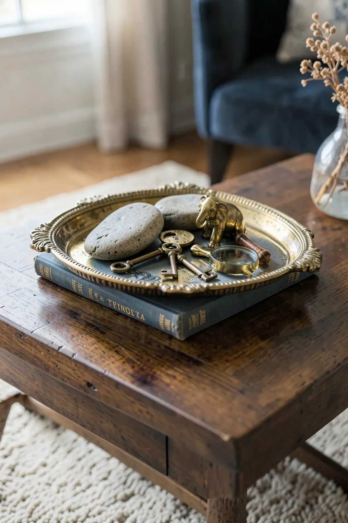 A brass tray on a coffee table holding vintage keys, a stone, and a small brass animal.