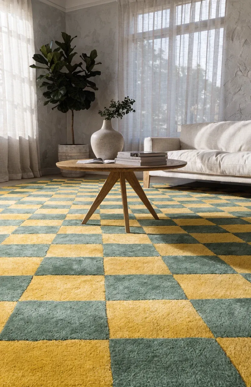 A large sage green and mustard yellow checkerboard rug in a modern living room with a cream sofa.