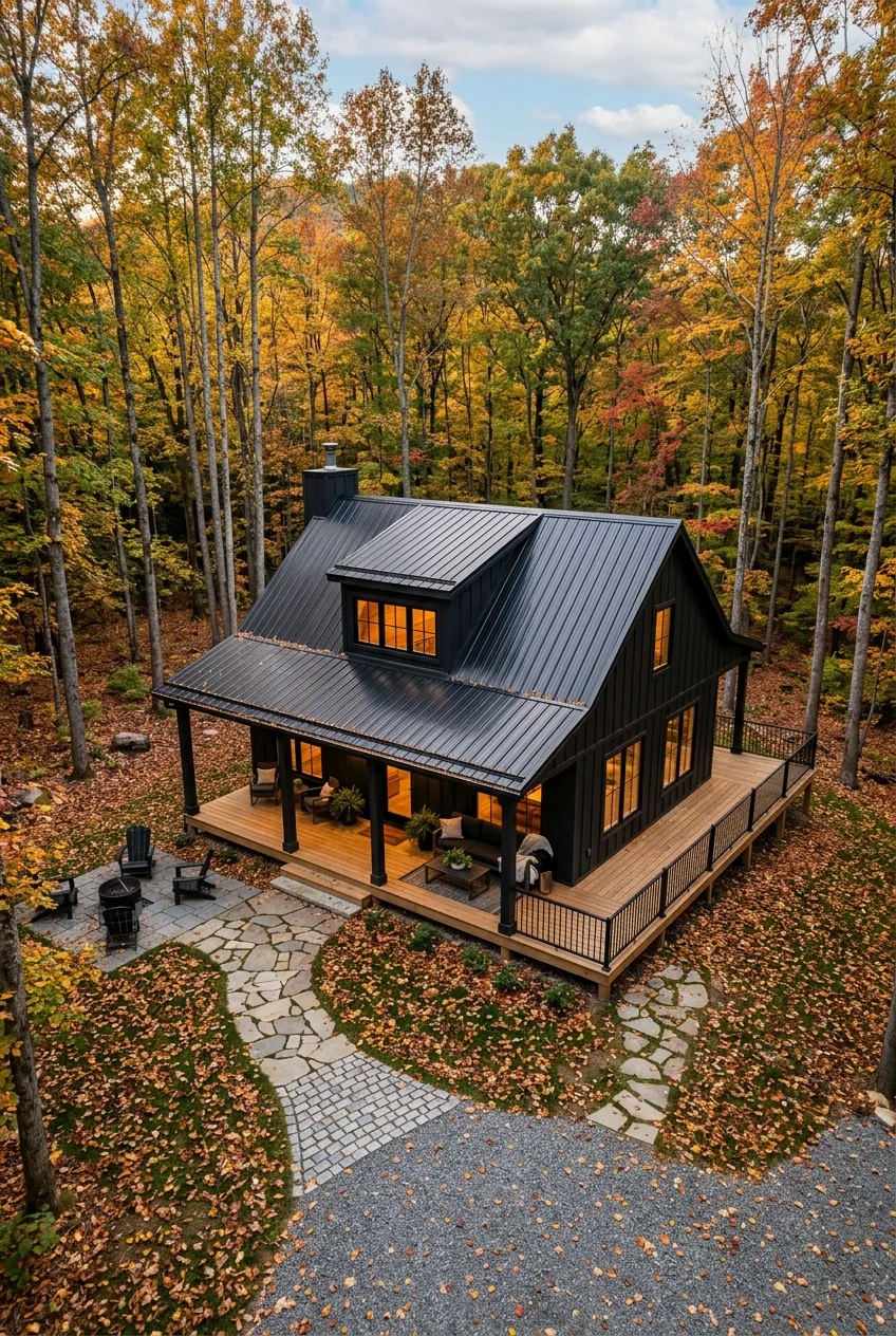 Modern matte black cabin with a wraparound porch nestled in an autumn forest