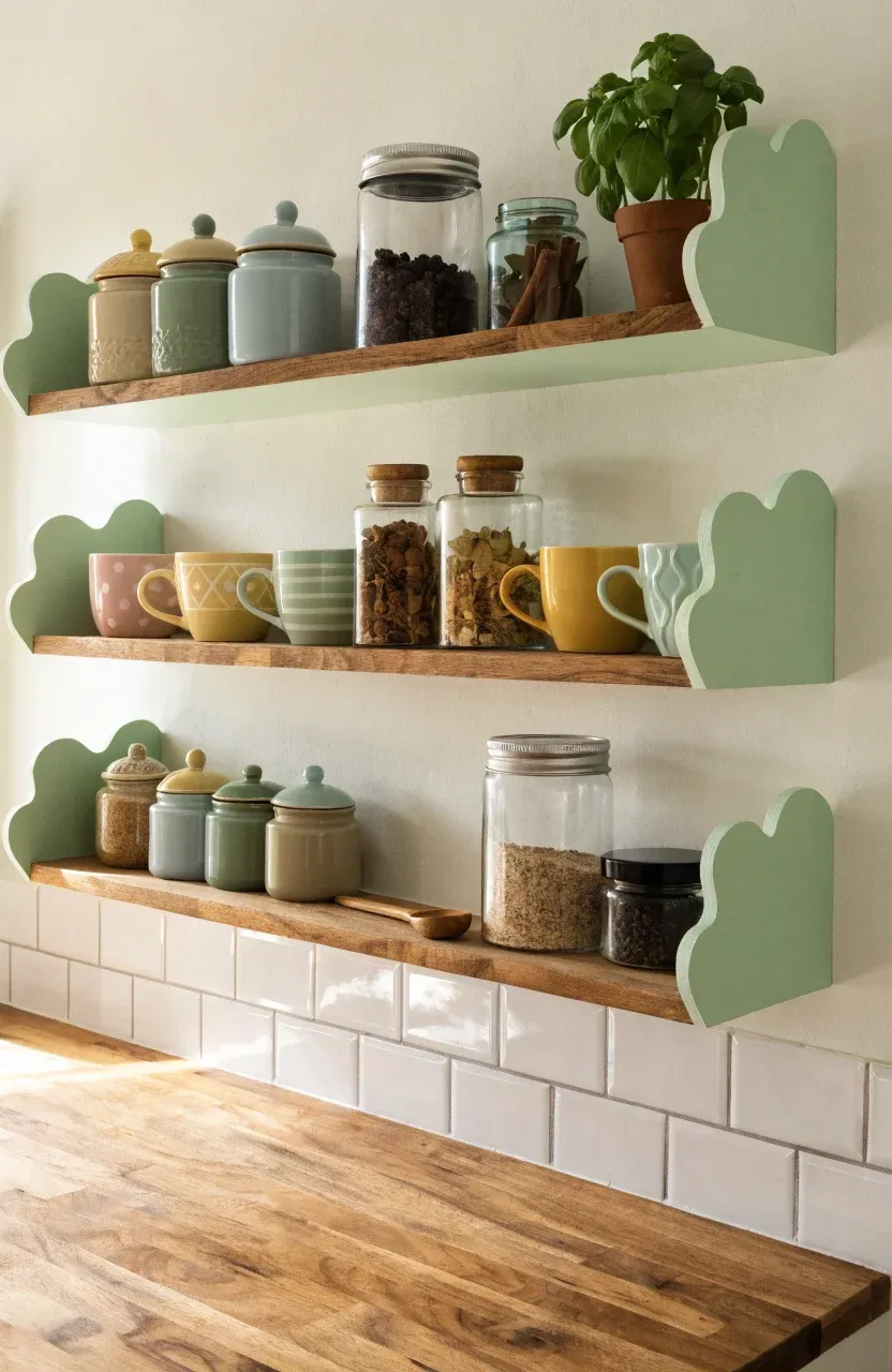 Open kitchen shelves with sage green scalloped trim holding colorful mugs and spice jars.