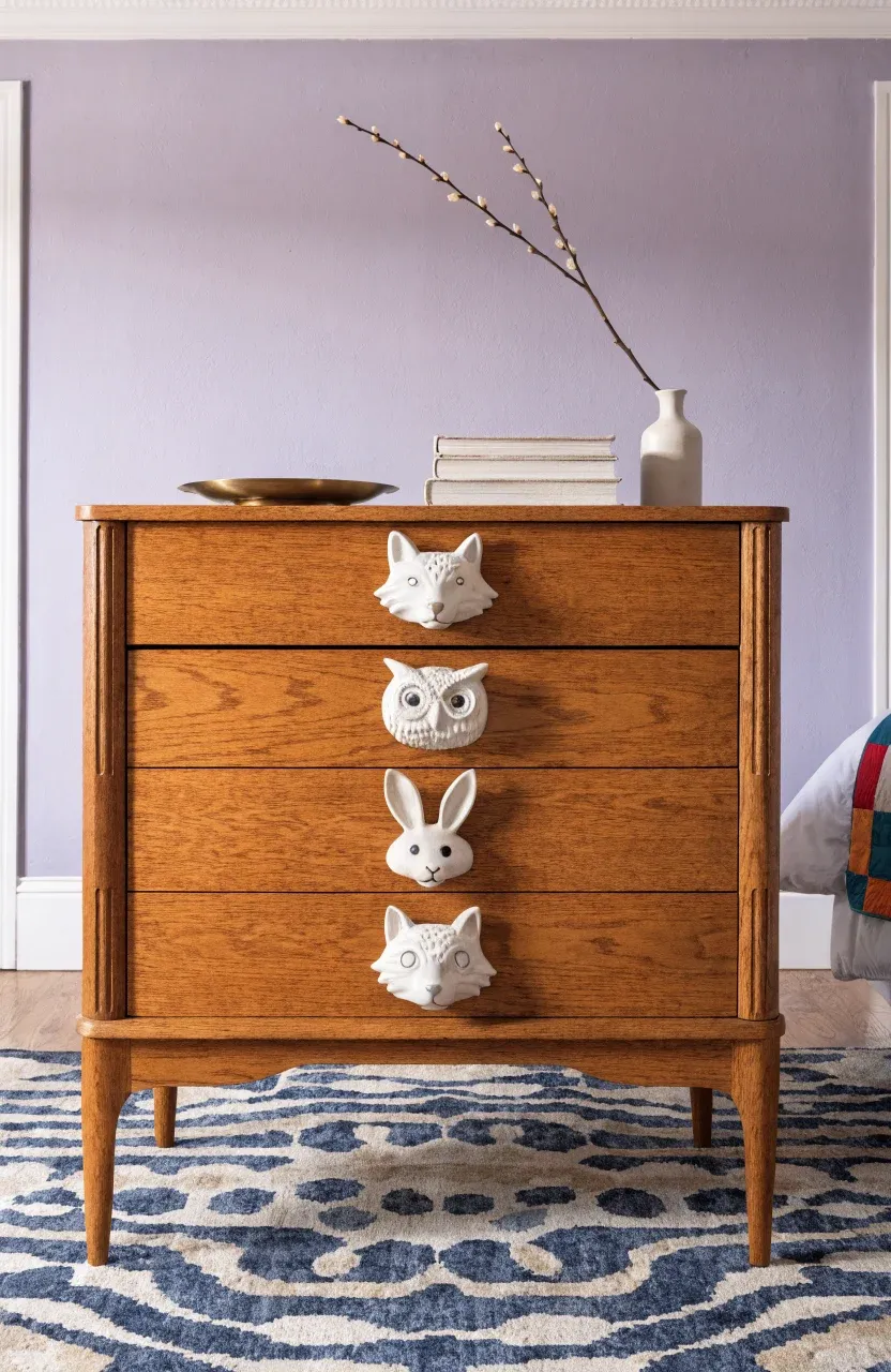 An oak dresser with white ceramic fox and owl knobs against a lavender wall.
