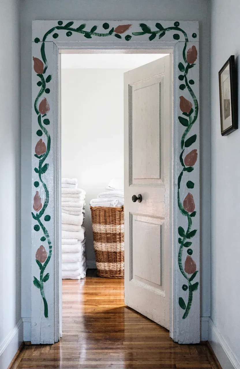A white door frame decorated with small hand-painted pink flowers and green vines.