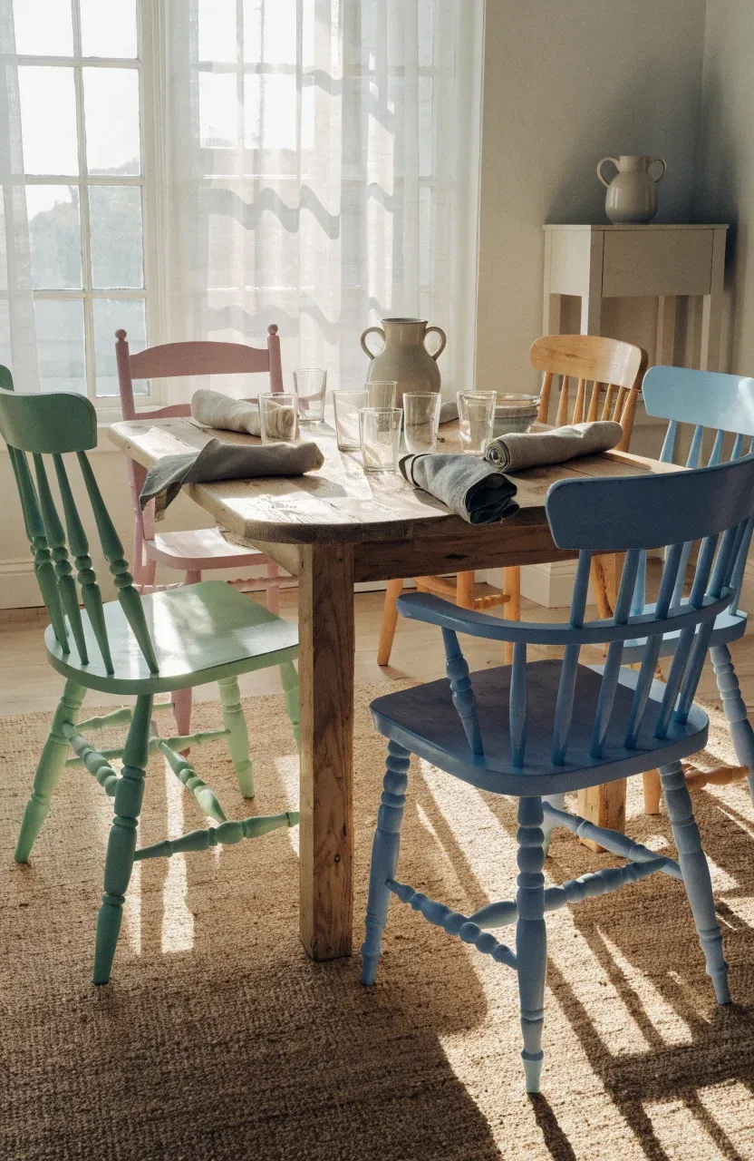 A dining table surrounded by vintage chairs painted in pastel mint, lilac, and peach.