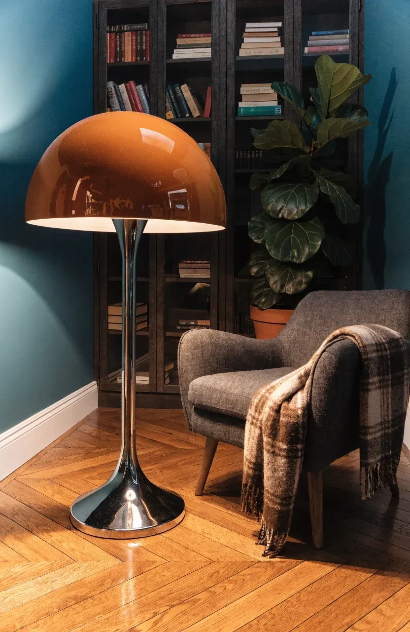 A retro orange mushroom-shaped floor lamp next to a charcoal armchair in a cozy room.