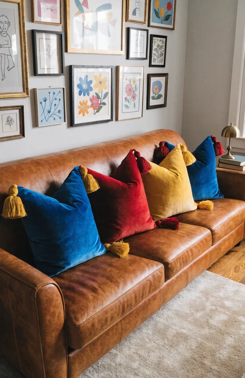 Bright blue, red, and yellow velvet pillows with tassels on a cognac leather sofa.