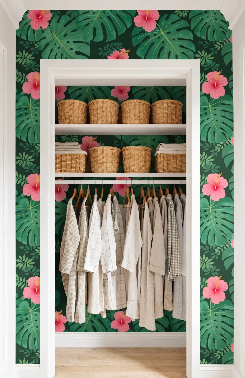 A closet interior featuring bold green and pink botanical wallpaper behind neat shelves.