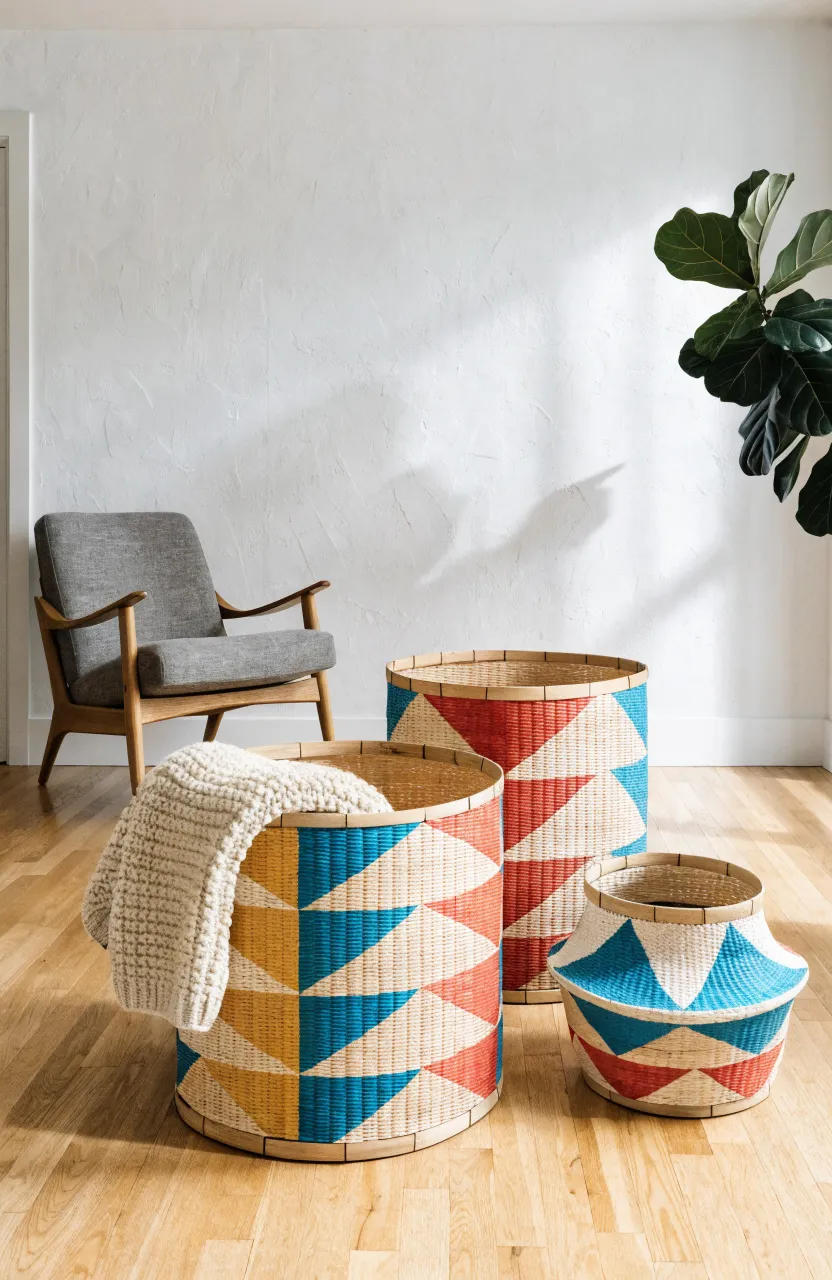 Three woven bamboo baskets with bright geometric painted shapes in a sunny living room corner.