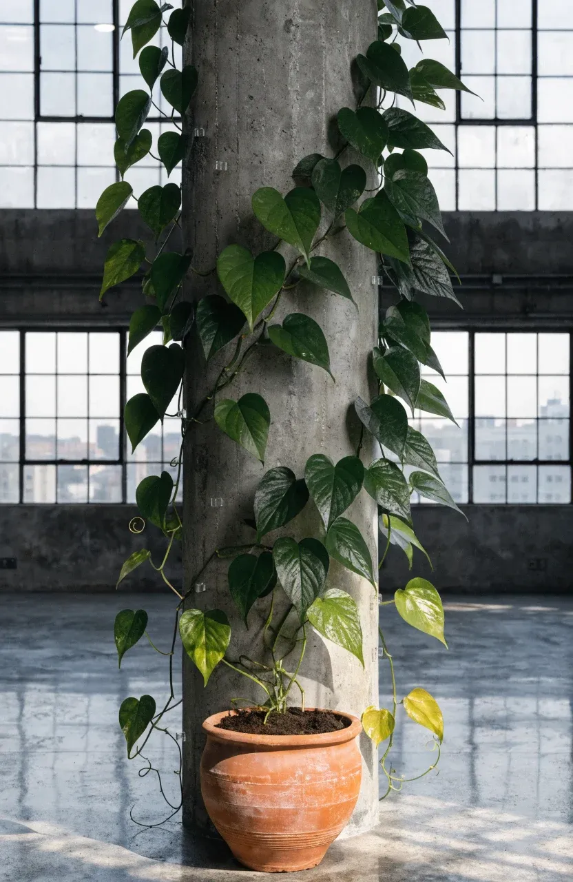 A concrete pillar in a modern loft covered in lush green ivy vines growing toward the ceiling.