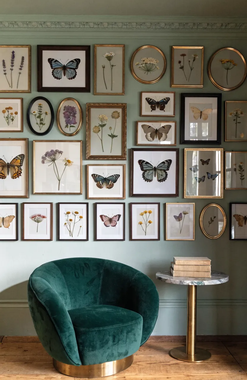 A gallery wall of framed pressed flowers and butterflies above a green velvet chair in a nook.