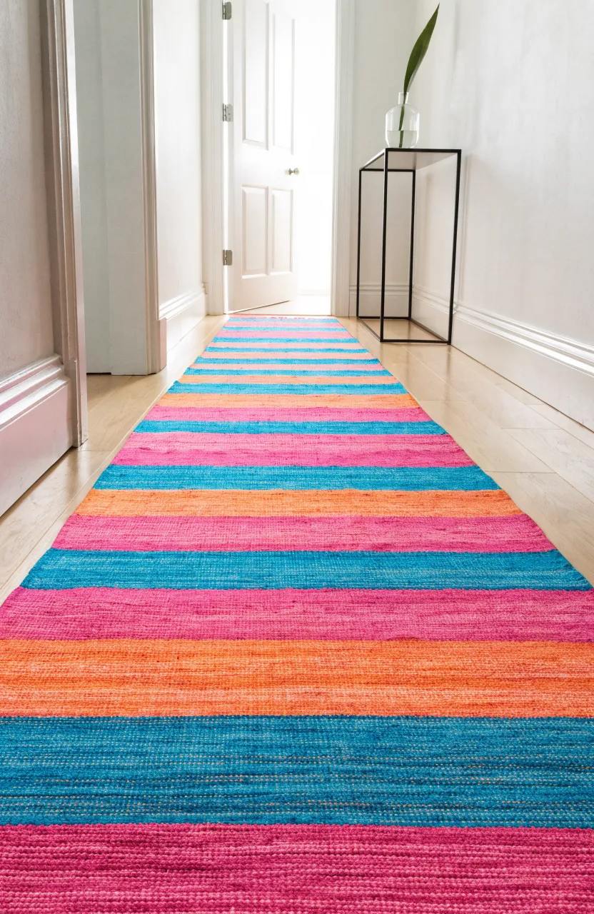A long hallway featuring a bright turquoise, pink, and orange striped cotton rug on wood floors.