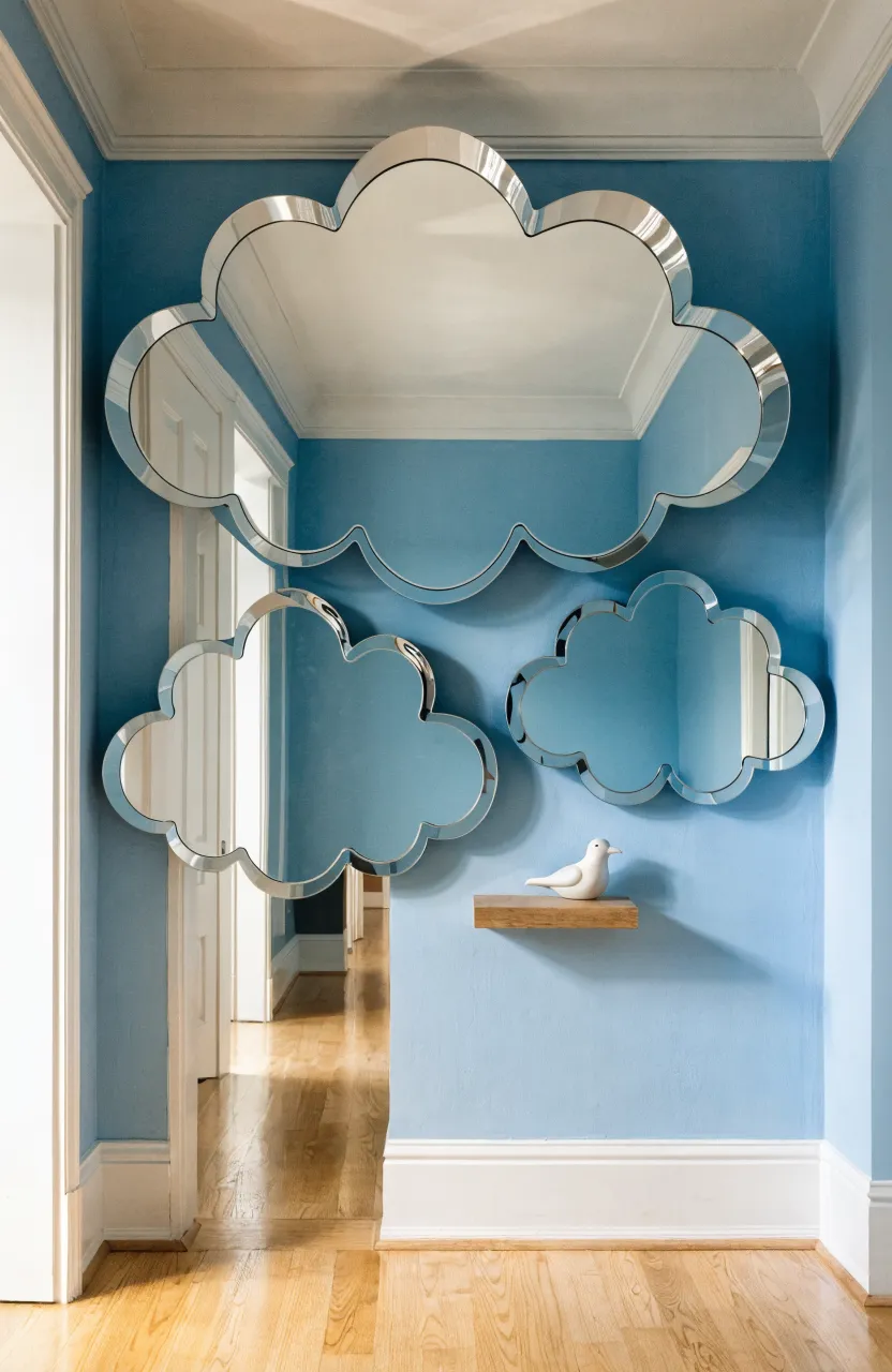 A cluster of three cloud-shaped mirrors on a soft blue hallway wall reflecting light.
