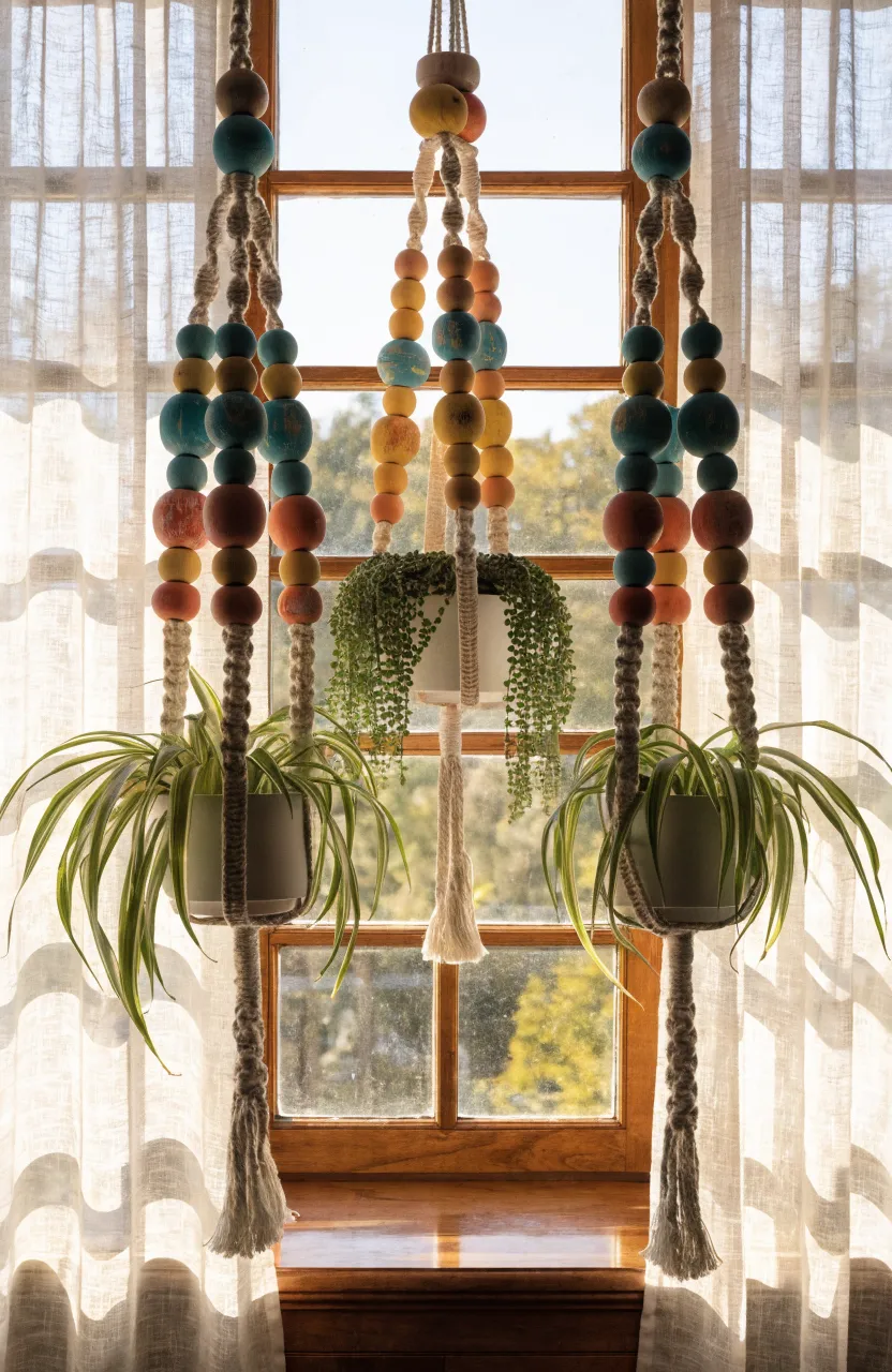 Three macrame plant hangers with bright teal and coral beads hanging in a sunny window.