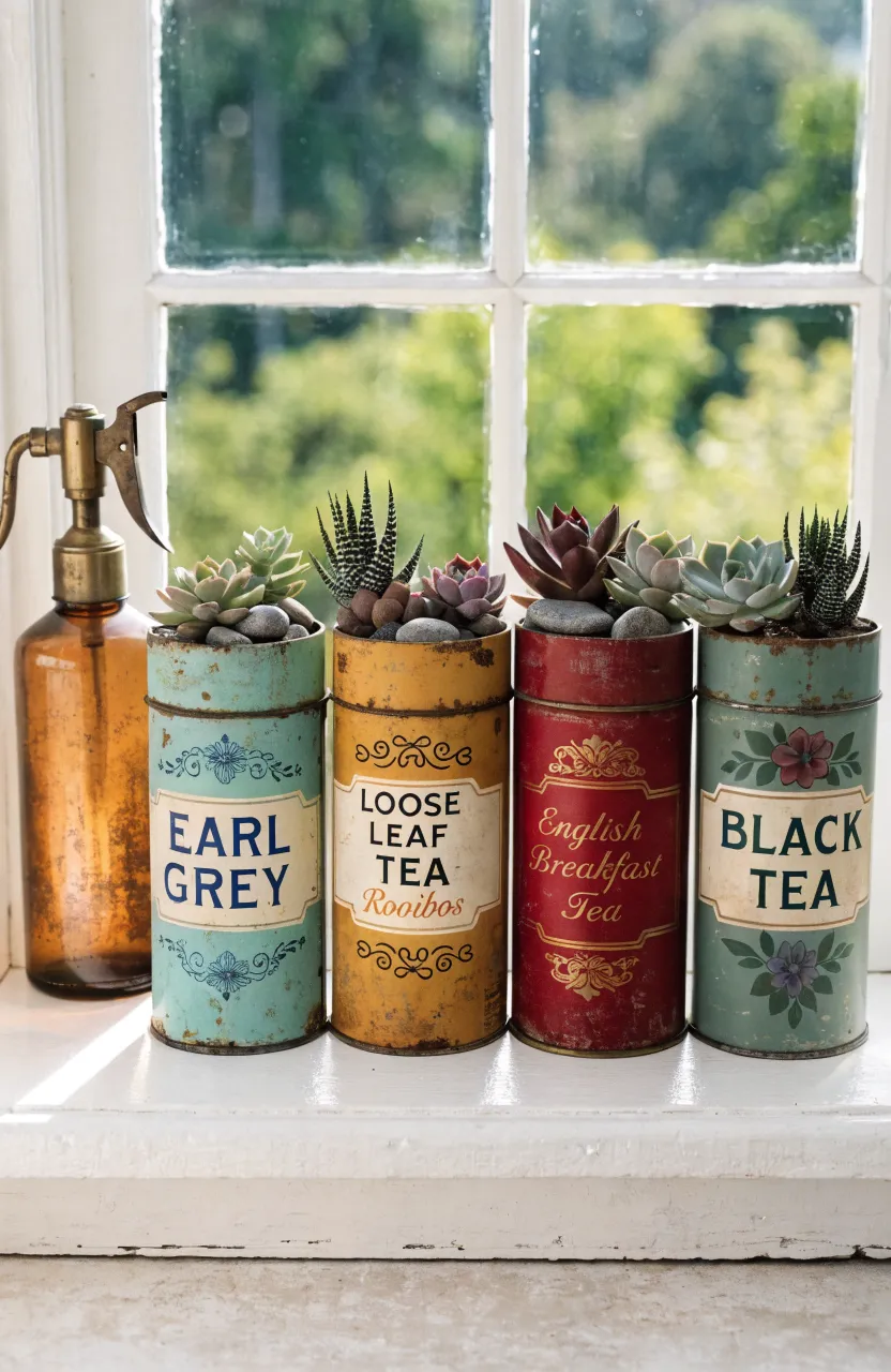 A row of colorful antique tea tins used as planters for small succulents on a white windowsill.