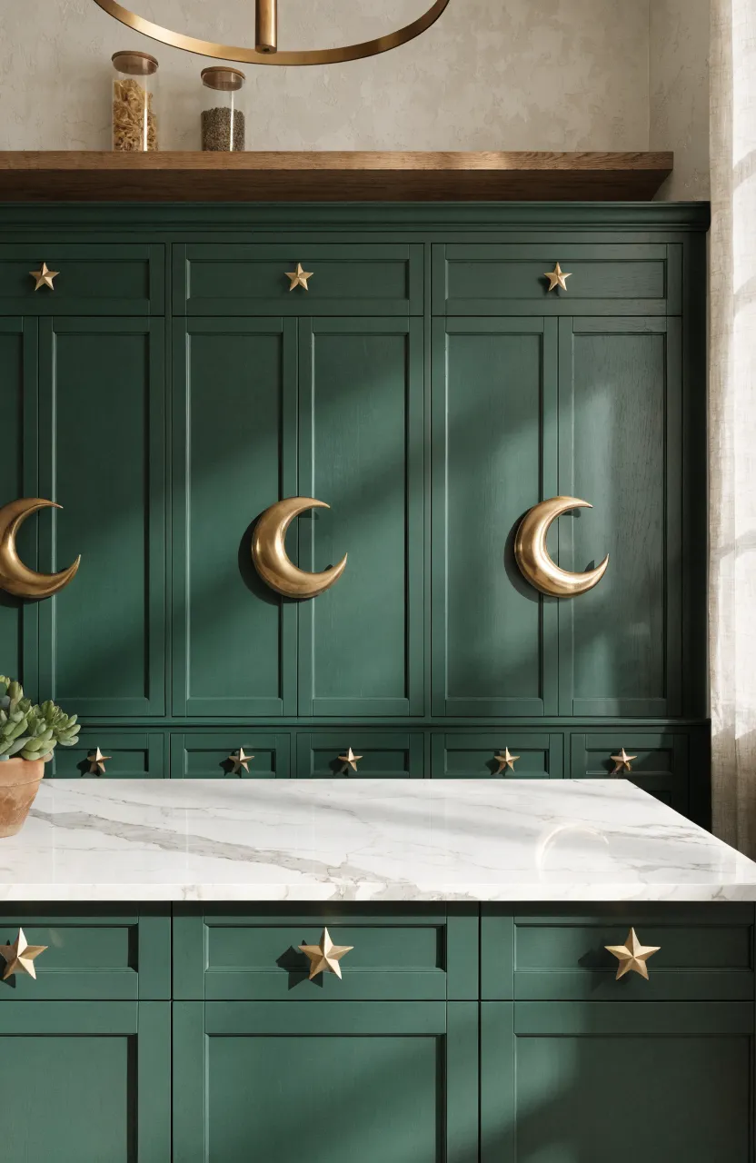 Dark green cabinets with brass moon and star shaped handles in a bright kitchen.