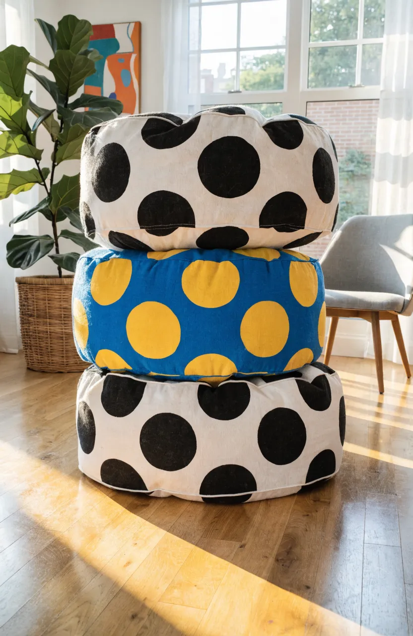 A stack of large, colorful polka dot floor cushions in a sunny, modern living room.