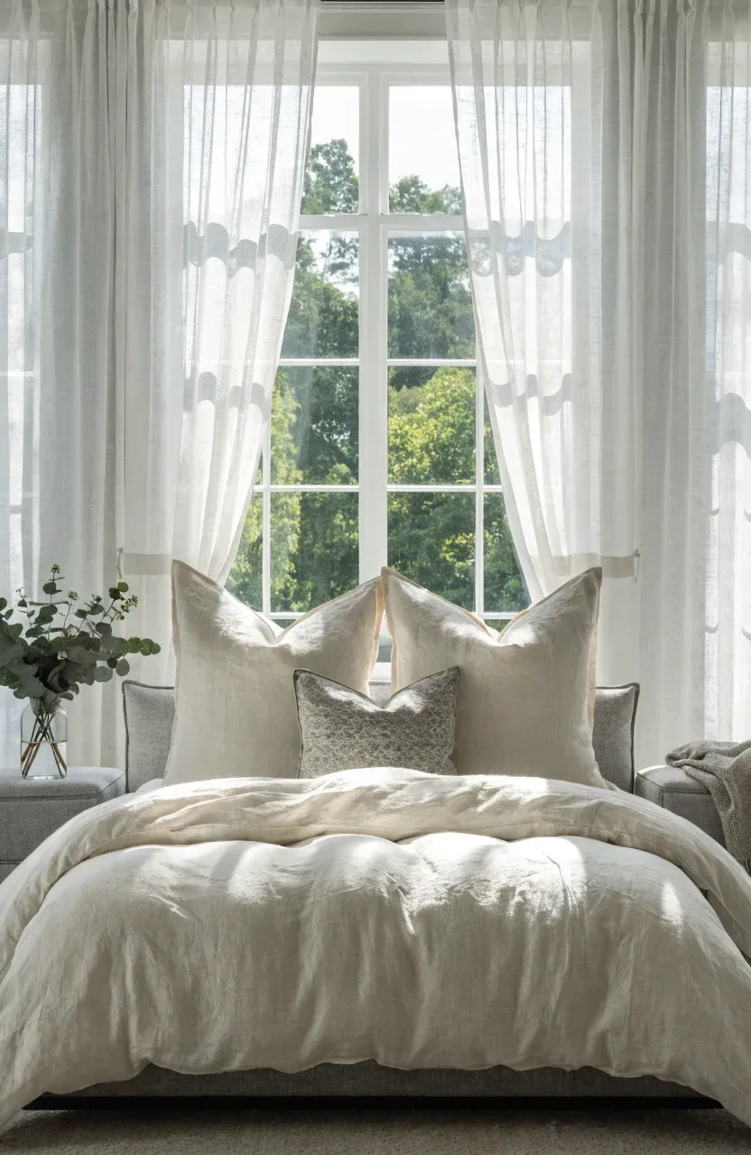 Large ivory European shams behind smaller grey patterned pillows on a modern upholstered bed.