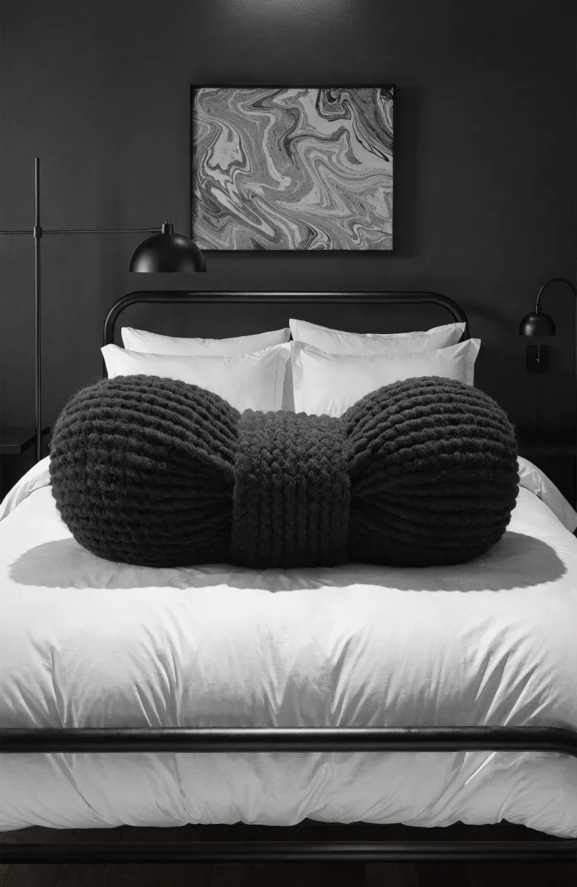 A long charcoal knit lumbar pillow centered on a king-sized bed with white linens.